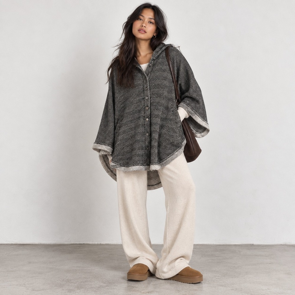 Lucky Brand Hooded Women's Poncho Sweater Cozy Gray Size M/L